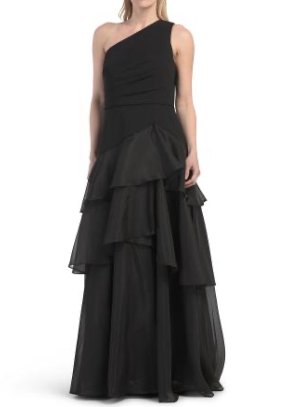 AIDAN MATTOX One Shoulder Tiered Gown